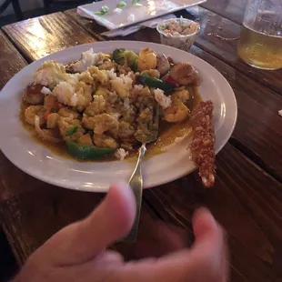 The coconut soup (aka Barbados Scallops &amp; Shrimp) after adding 2 scoops of rice to soak up the liquid.