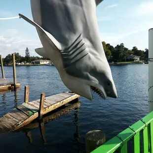 a statue of a shark coming out of the water