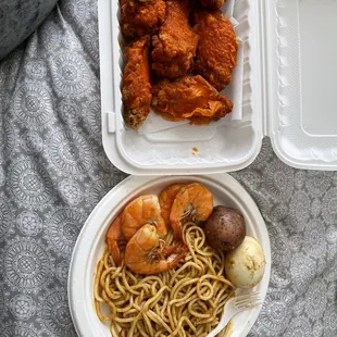 Buffalo wings and the lunch special seafood boil