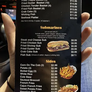 Fried baskets, submarines, sides menu