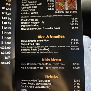 Appetizer, soups, noodles, pasta, kids menu, and drinks