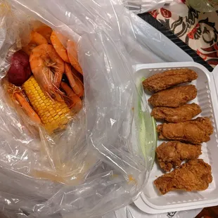 Half lb shrimp head on and lemon pepper wings