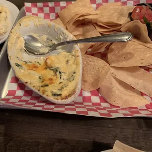 We forgot to take a picture before we dug in, but Crab meat spinach dip with fried tortillas and a homemade salsa. Yum!