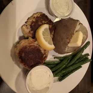 Maryland Style Crab Cakes, Baker Potato, Green Beans