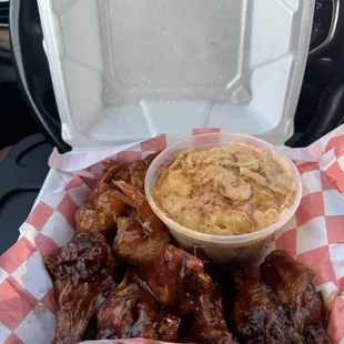 BBQ wings &amp; hot honey shrimp with seafood Mac ($5 add on) $25 (instagram: @issa.cheatday)
