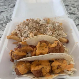 Fried Shrimp Tacos and  Crabby Fries