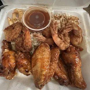 Hot Honey Wings &amp; Shrimp with Crabby Fries