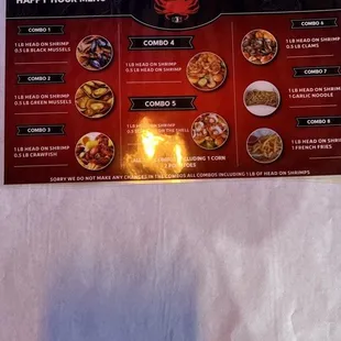 Happy hour menu Monday to Friday 1 pm to 5 pm all shrimp combos only $17.99
