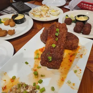 Crab &amp; shrimp egg rolls, Crab balls, corn balls and Crab deviled eggs
