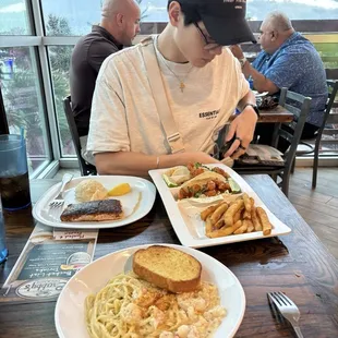 Shrimp Alfredo Pasta, Boom Boom Shrimp Taco, Atlantic Salmon