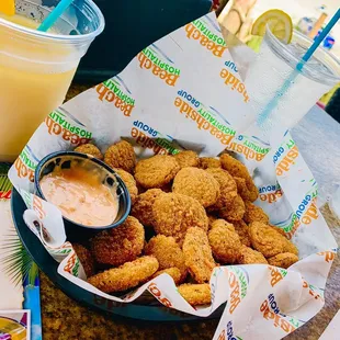 Fried Pickles. Jim Bean Orange Pino Colada.