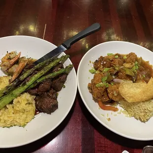 Left:  hanger steak and shrimp Right:  orange chicken