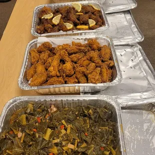 Greens, fried chicken, lemon chicken, crab fried rice, Mac &amp; Cheese and them garlic rolls
