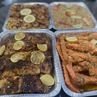 Salmon , king crab , shrimp garlic noodles , crab fried rice