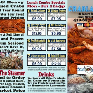 the menu and prices for the seafood restaurant
