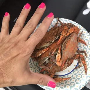a woman's hand holding a plate of crabs