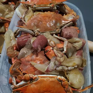  two trays of cooked crabs