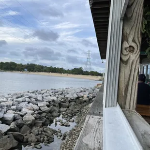 a view of the water from a restaurant