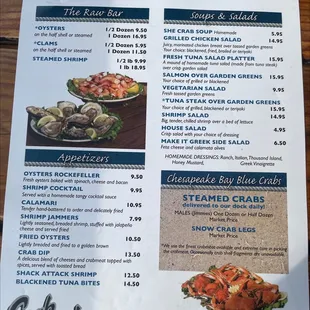 Raw Bar, Appetizers, Soups and Salads