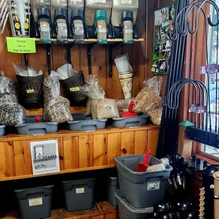 Bird seed. The birds go crazy for the Wayne's mix!