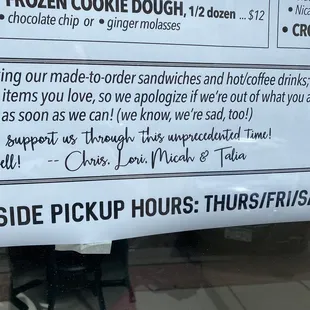 a menu for a frozen cookie dough