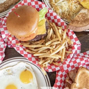 a variety of burgers and fries