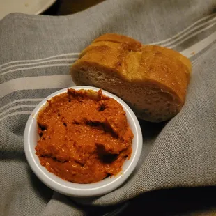 Roasted red pepper spread with bread, menu item, not complimentary