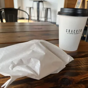 Blueberry scone to go and a 12 ounce black sugar latte.