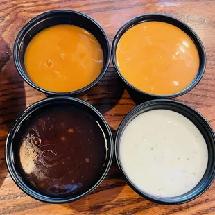 Carolina sauce, kickin buffalo ranch sauce, bee sting sauce, ranch