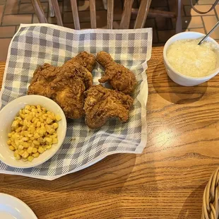 Southern Fried Chicken with two sides (grits and corn)