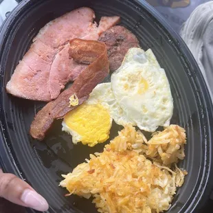 Grandmas Sampler Pancake Breakfast, Ham, Sausage, Eggs, Hashbrown Casserole