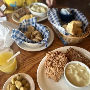Country Southern Fried Chicken, Meatloaf, fried okra, dumplings, biscuits.