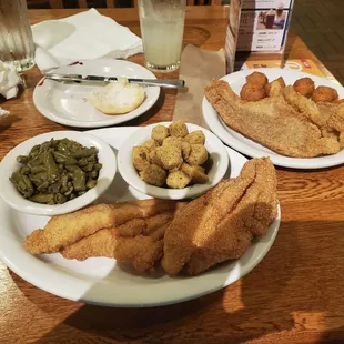 FRESH catfish with country style green beans and fried okra with fresh lemonade and biscuits