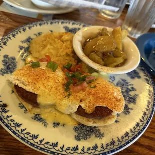Biscuit Benny with sausage and sides of cinnamon apples and hash brown casserole