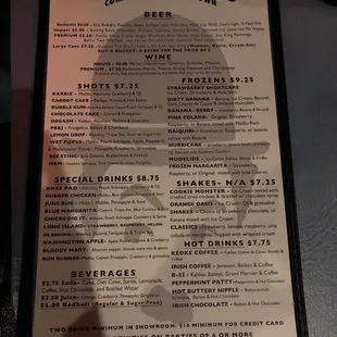 a menu for a drink
