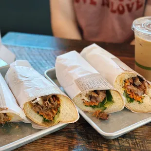 Lemongrass beef (left) and crackle mi (right) banh mi