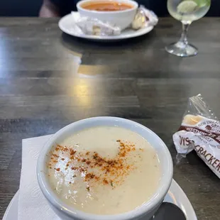 Foreground: Cream of crab, background: MD crab soup