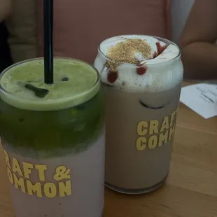 Strawberry matcha on the left , coffee of the month (cheesecake) on the right