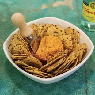 Our hummus is fresh made in house. Picture above is our soyrizo hummus!