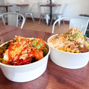 BOGO rice bowls, spicy pork (left) beef (right)