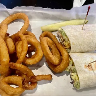 Amazing onion rights with a decent spicy chicken wrap on the side.