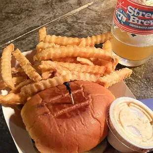Mushroom burger and fries with Cajun ranch on the side