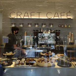 View of the service counter and baked goods on display