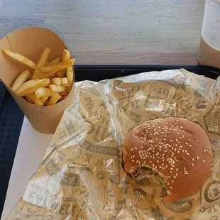 Burger, fries, macchiato