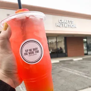 Hands down favorite tea is the Sour Patch Peach! 32 oz of deliciousness.