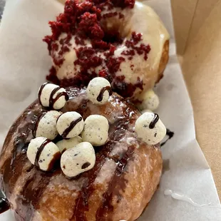 Cookie Dough and Red Velvet donuts.