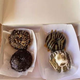 Cookies N Cream Donut, Turtle Donut, PB &amp; C Donut and S&apos; Mores Donut