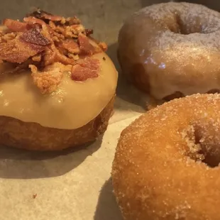 Fresh Maple bacon donut, chi donut and apple cinnamon donut