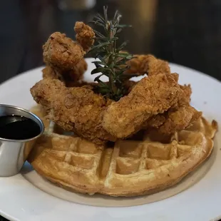 Chicken and waffles with rosemary infused syrup