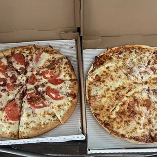 Large hot brown pizza and large big 4 cheese pizza